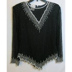 VINTAGE STENAY Beaded Formal Silk Top Size M Evening Wear Long Sleeve Black 1980